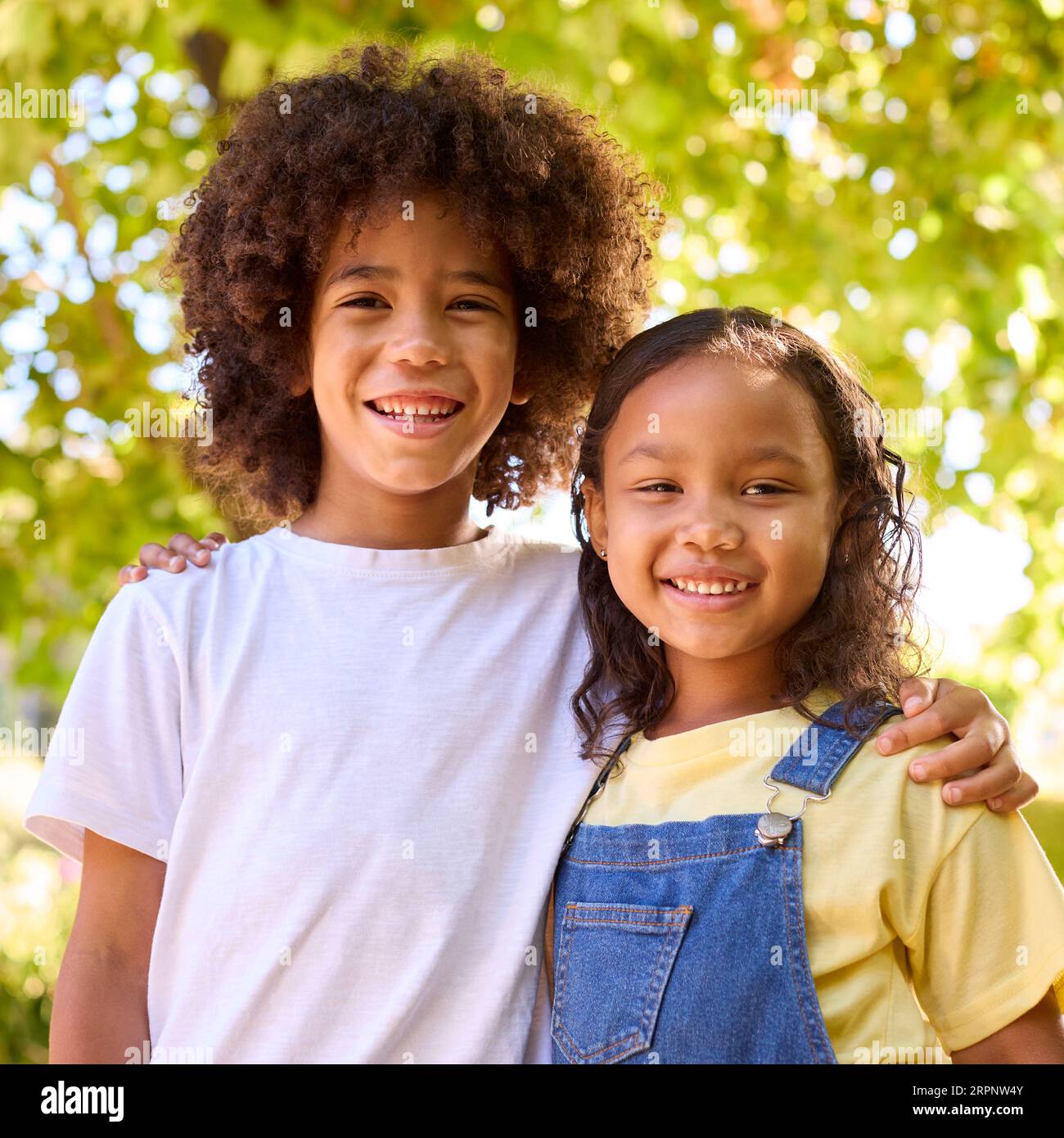 Portrait of sister and brother hugging in the park hi-res stock ...