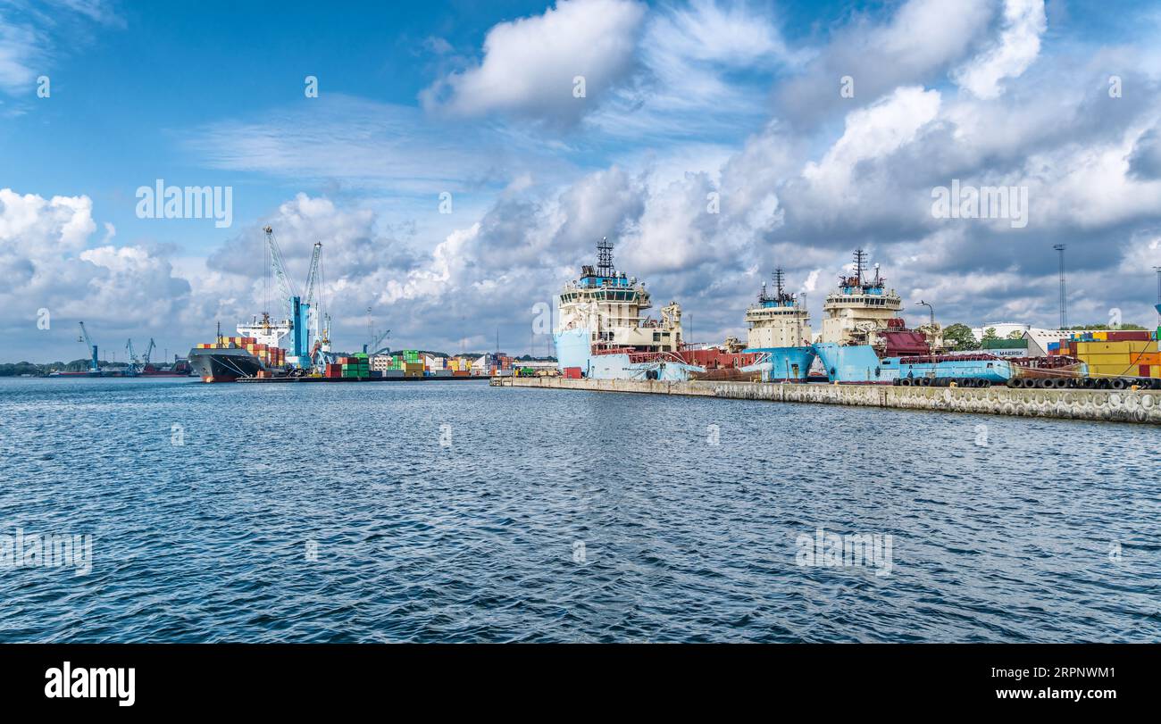 Fredericia harbor with old ships, Denmark Stock Photo
