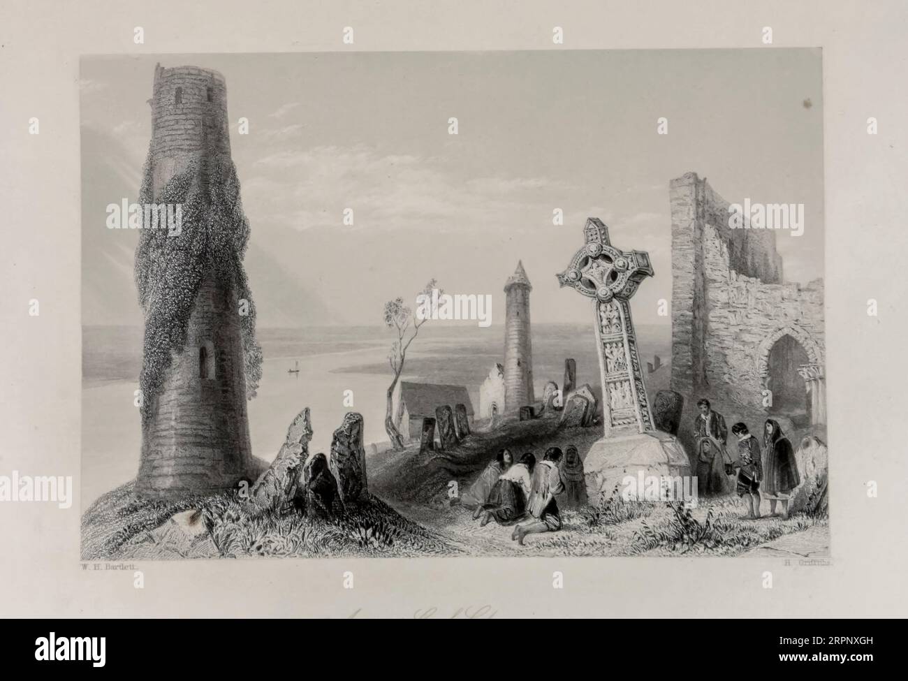 Ancient Cross, Clonmacnoise, County Offaly  The scenery and antiquities of Ireland by Bartlett, W. H. (William Henry), 1809-1854, illustrator.Volume 1. Publisher London : G. Virtue 1842 William Henry Bartlett (March 26, 1809 – September 13, 1854) was a British artist, best known for his numerous drawings rendered into steel engravings. Stock Photo