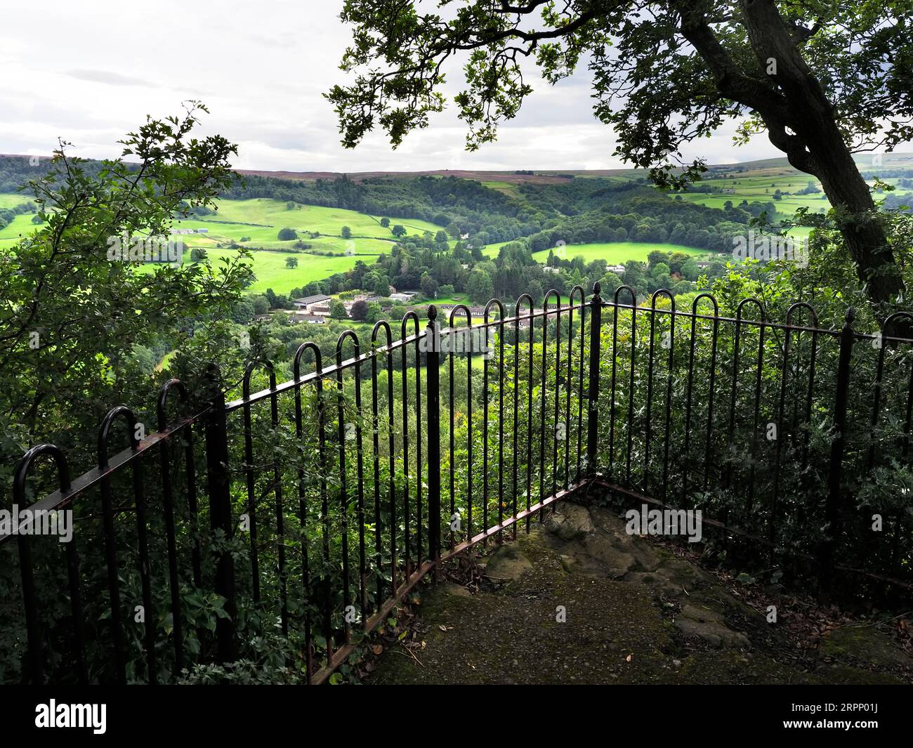 View across Nidderdale to Guise Cliff at Pulpit Rock along the Nidderdale Way near Pateley Bridge Nidderdale North Yorkshire England Stock Photo