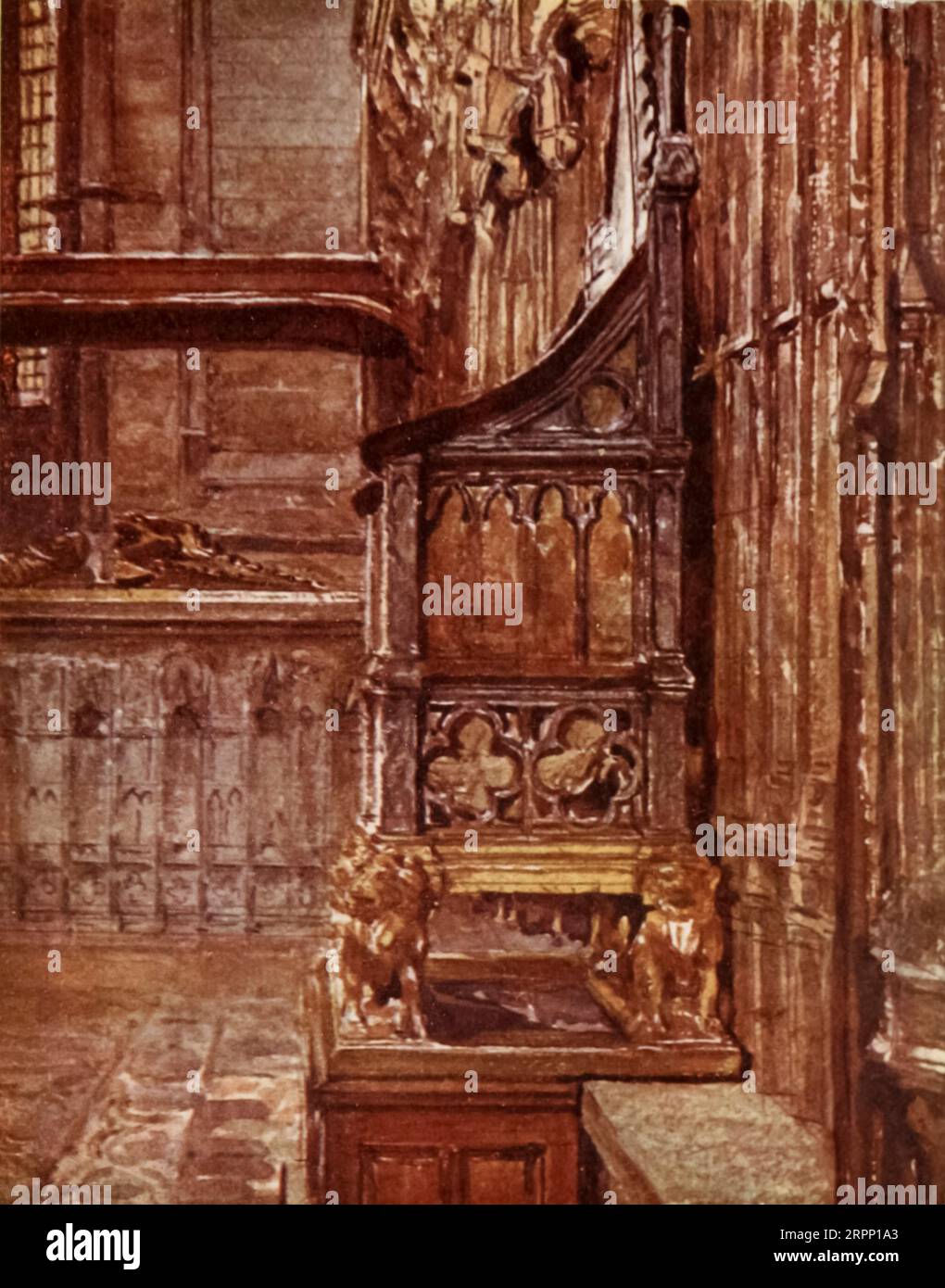 THE CORONATION CHAIR, CONTAINING THE STONE ON WHICH THE SCOTTISH KINGS WERE CROWNED from the book ' Scotland ' by Grierson, Elizabeth Wilson Publication date 1907 Publisher London : Adam and Charles Black as part of the Peeps of many Lands Series Stock Photo