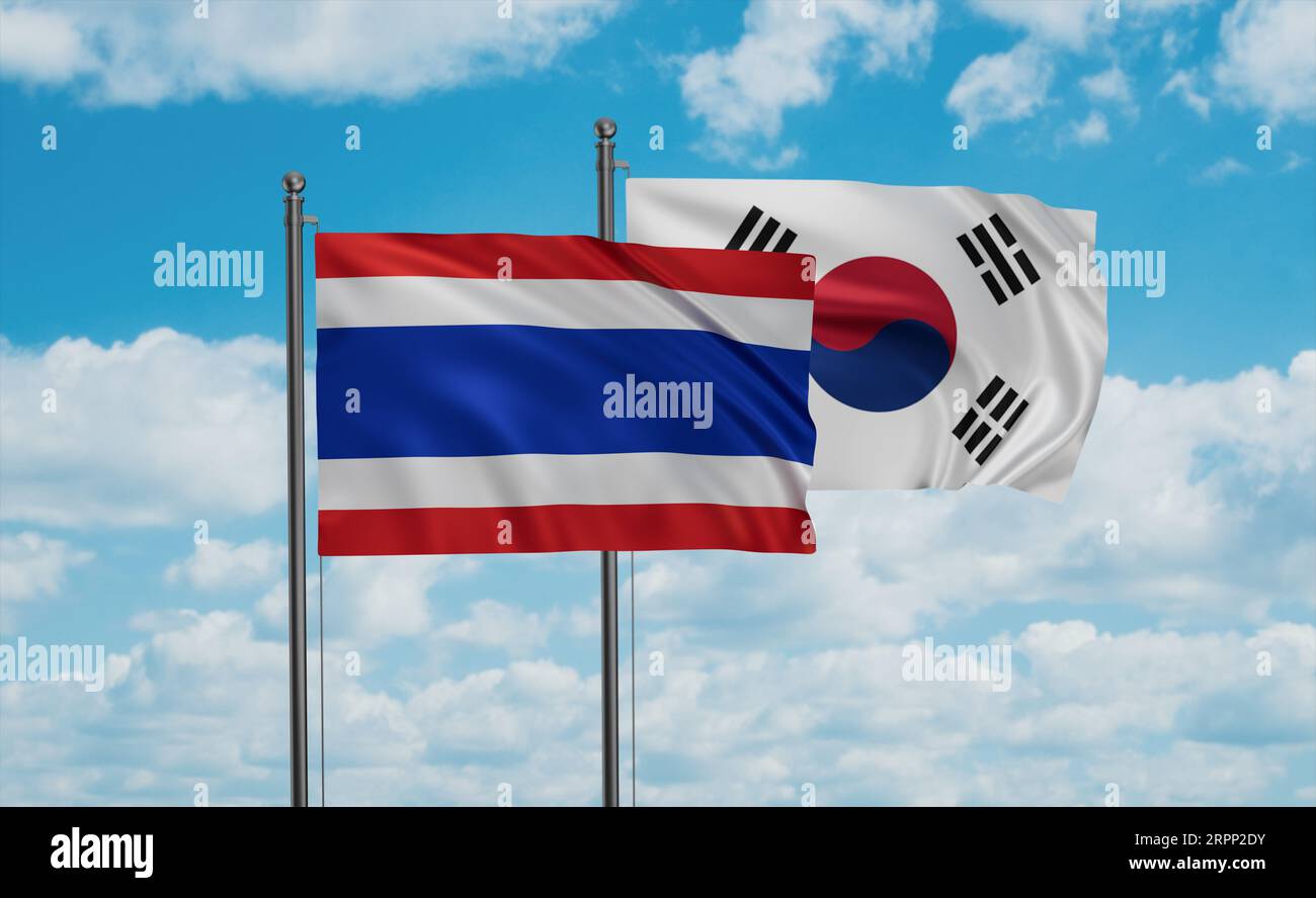 South Korea or Republic of Korea or ROK and Thailand flag waving ...