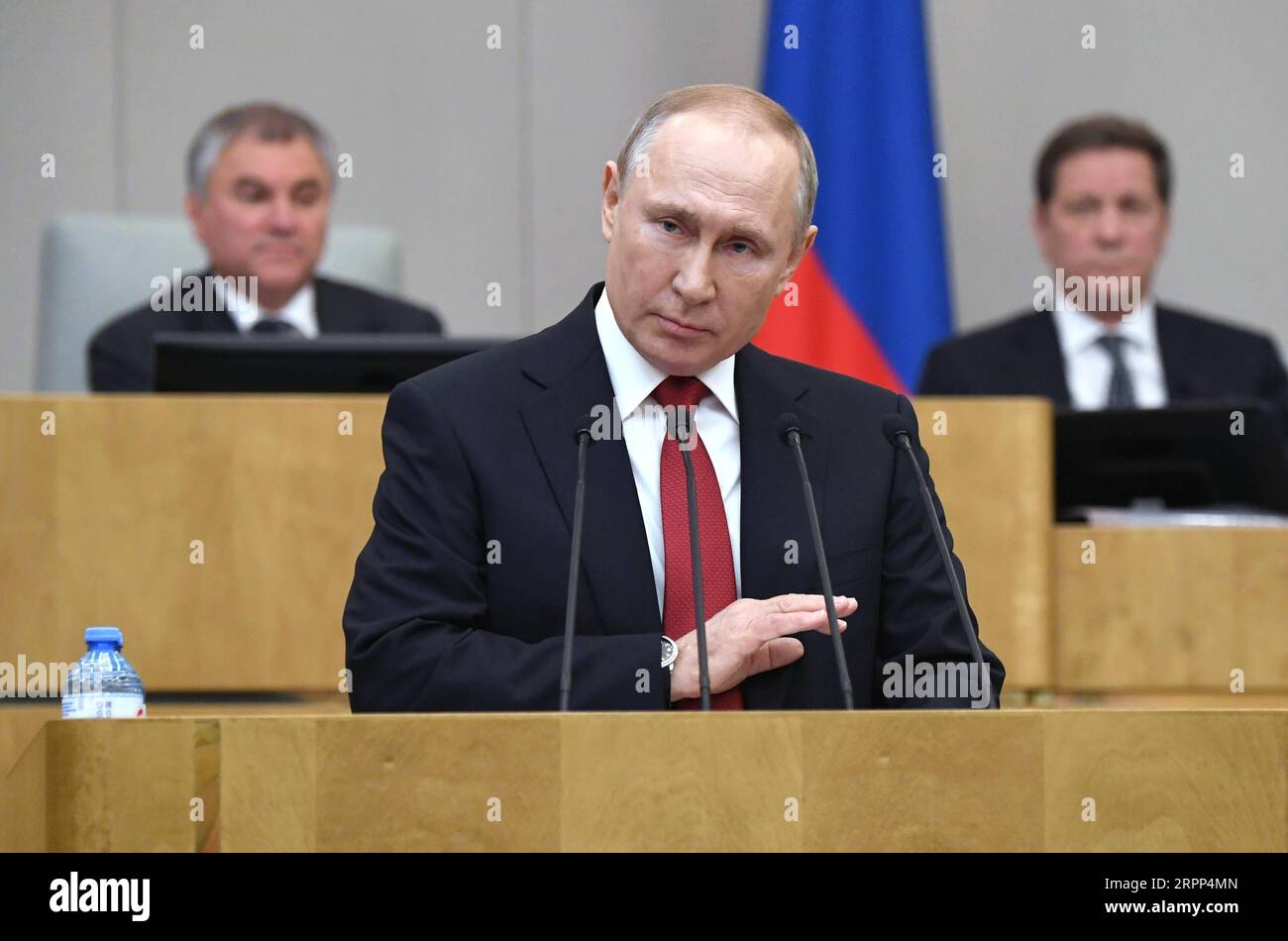 200310 -- MOSCOW, March 10, 2020 -- Russian President Vladimir Putin addresses lawmakers during a session of the State Duma, the lower house of Russia s parliament, in Moscow, Russia, March 10, 2020. Russian President Vladimir Putin said Tuesday that he may participate in the 2024 presidential race if the country s Constitutional Court approves it. Sputnik/Handout via Xinhua RUSSIA-MOSCOW-PUTIN BaixXueqi PUBLICATIONxNOTxINxCHN Stock Photo