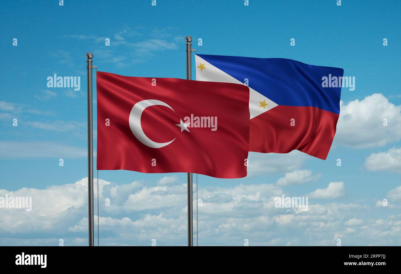 Philippines and Turkey flag waving together in the wind on blue sky ...