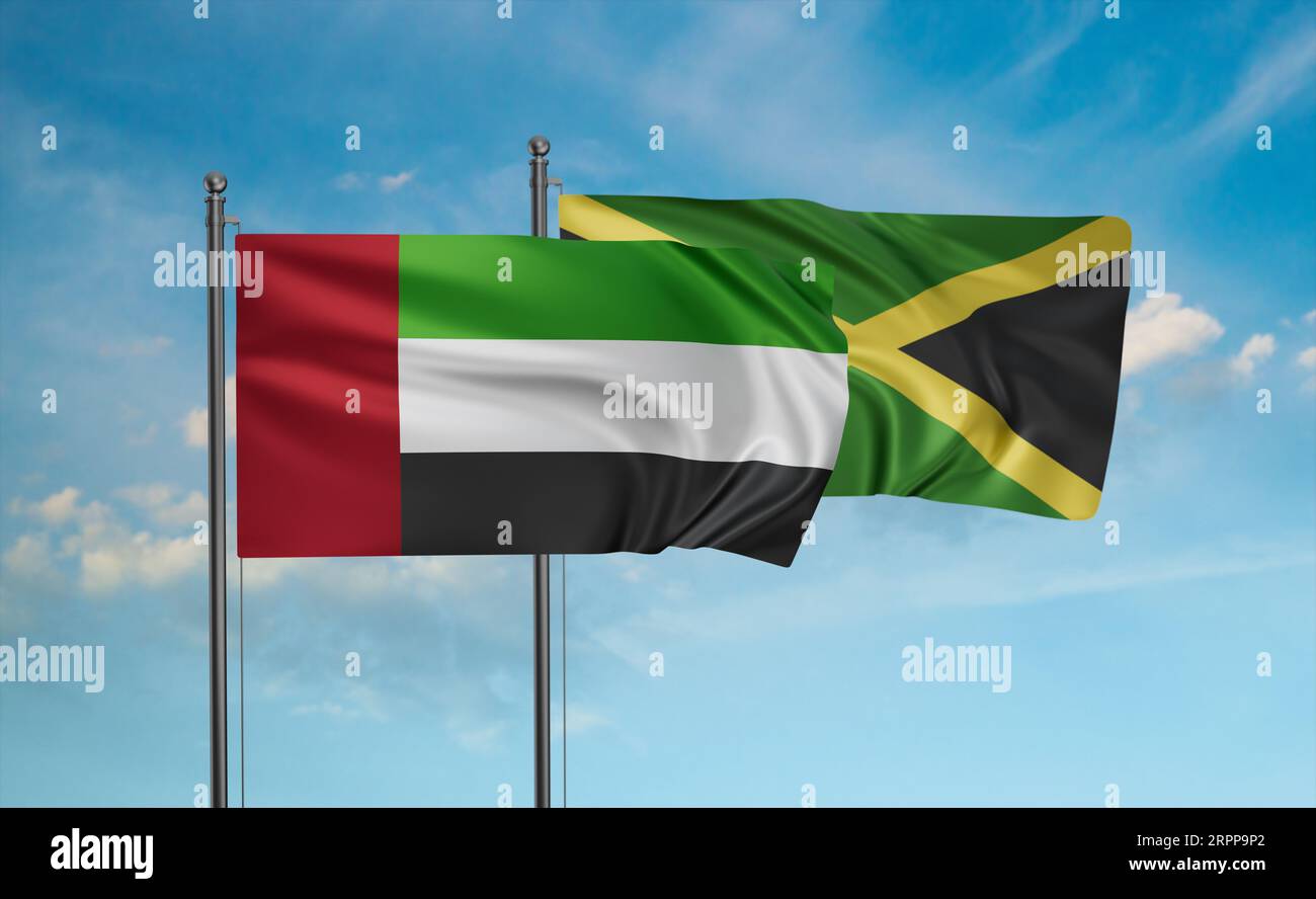 Jamaica and United Arab Emirates, UAE flag waving together in the wind on blue sky, two country