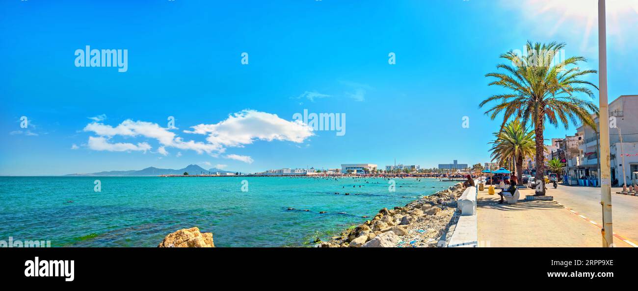Panoramic view of coastline with waterfront and beaches in town Tunis ...