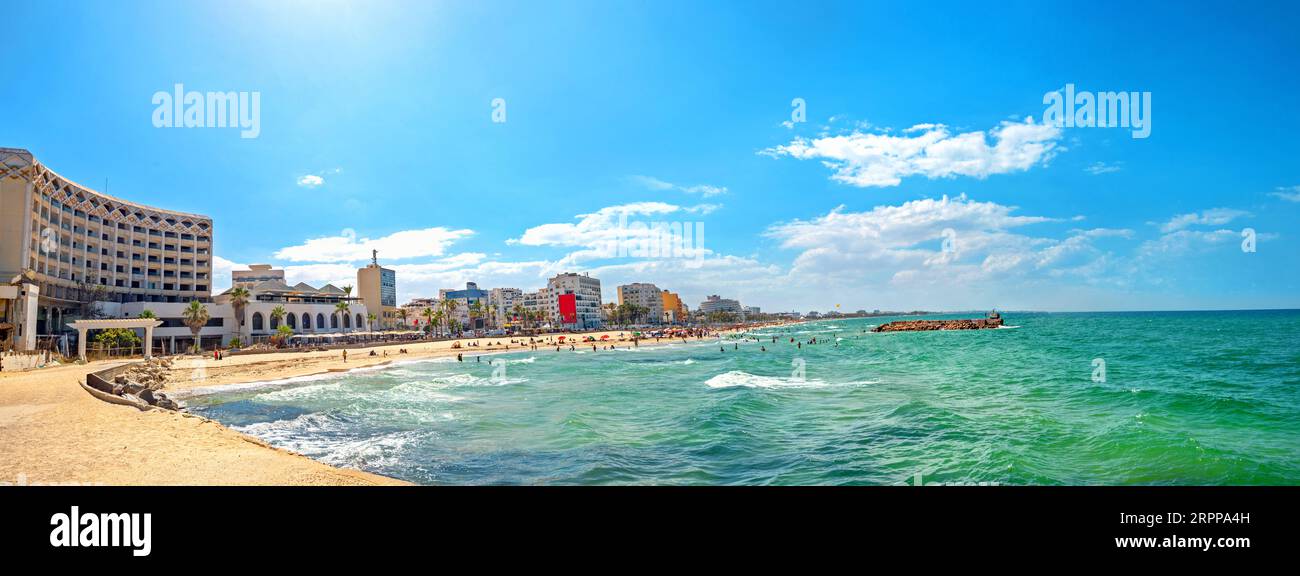 Panoramic view of  beach and coastal architecture in Sousse town. Tunisia, North Africa Stock Photo