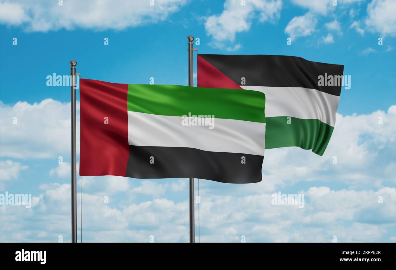 Palestine and Gaza Strip flag and  United Arab Emirates, UAE flag waving together on blue sky Stock Photo