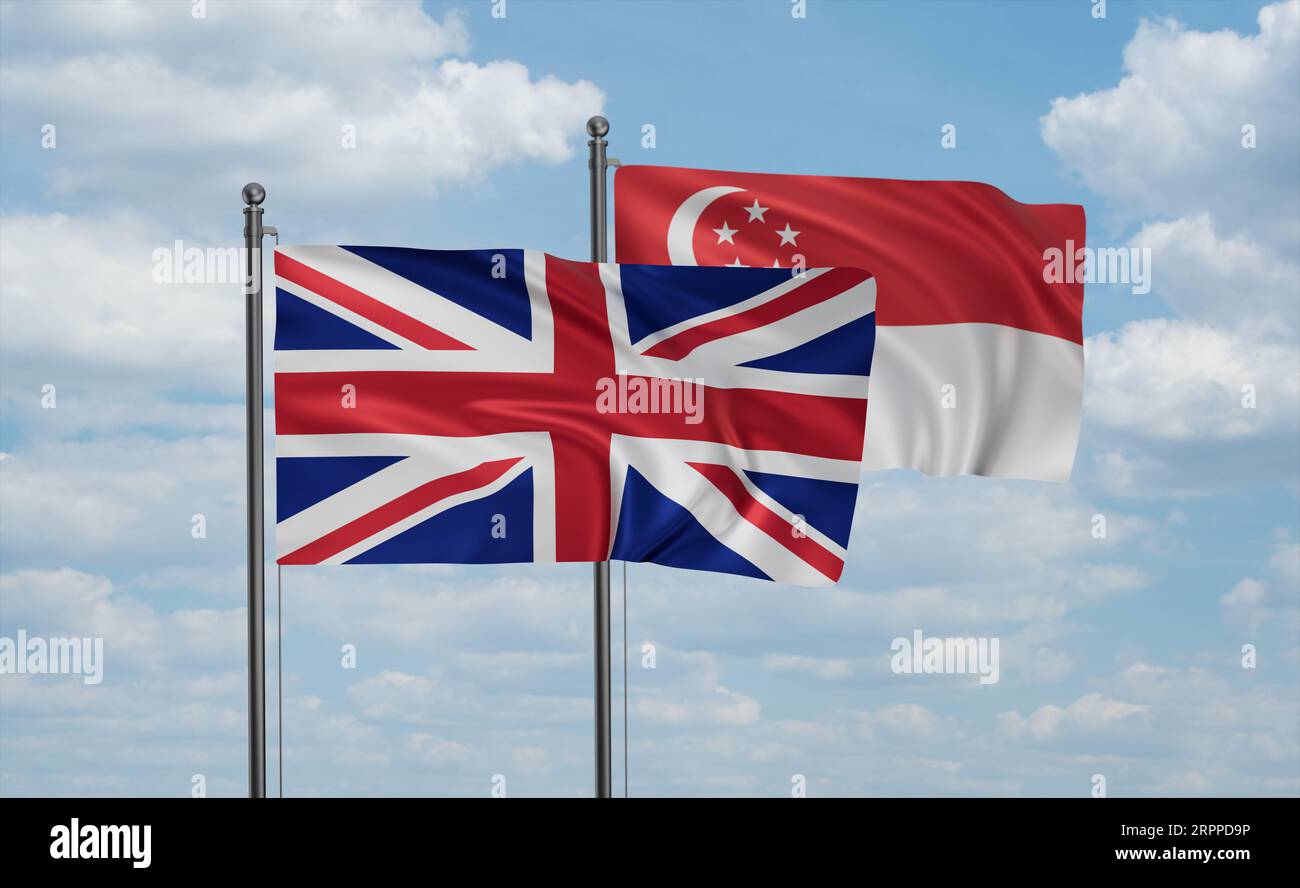 Republic of Singapore and United Kingdoms, UK, Great Britain flag waving together in the wind on blue sky, two country cooperation concept Stock Photo