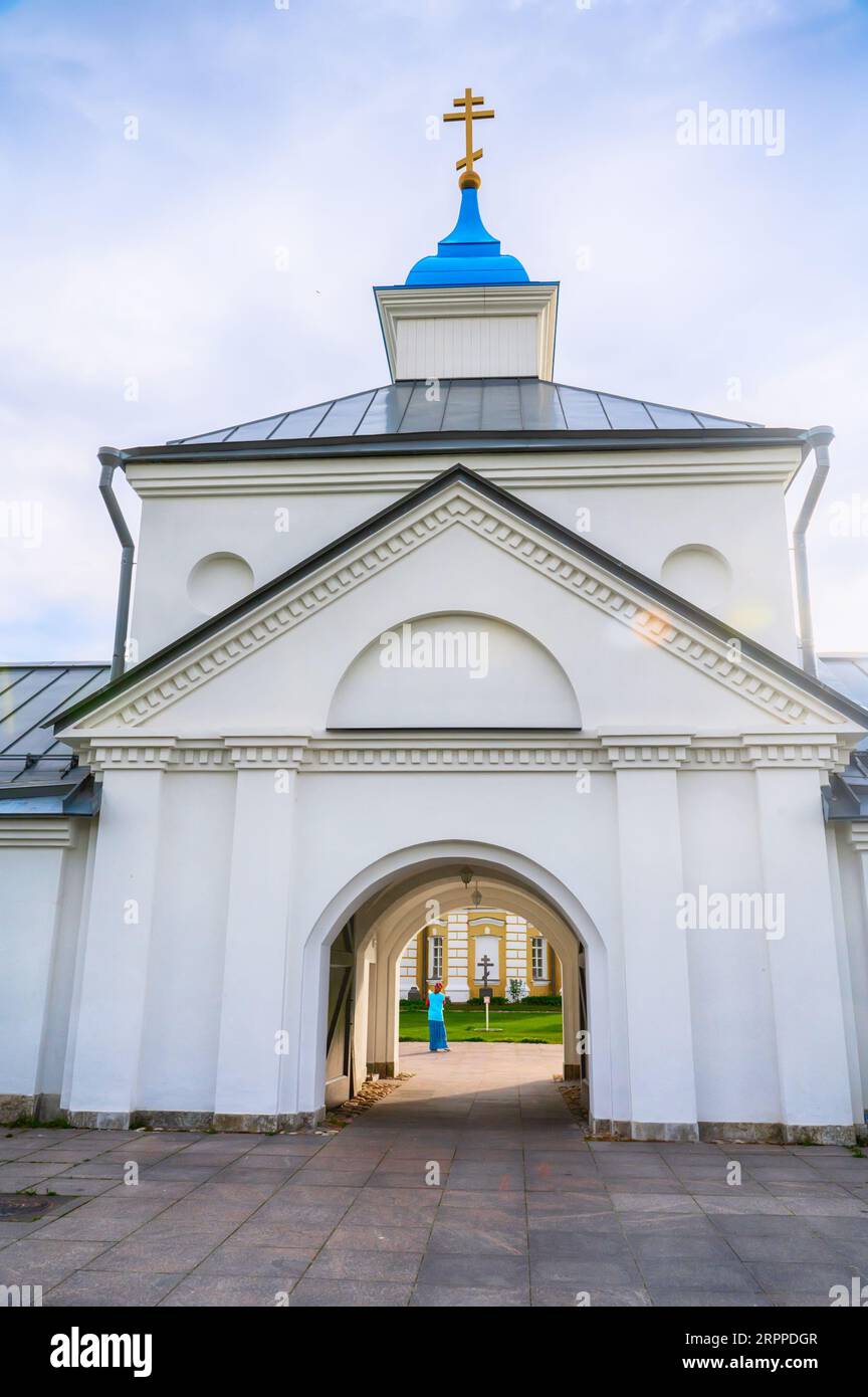 Konevsky Monastery on Konevets Island on Lake Ladoga - Russia. The central entrance with the gate church. Stock Photo