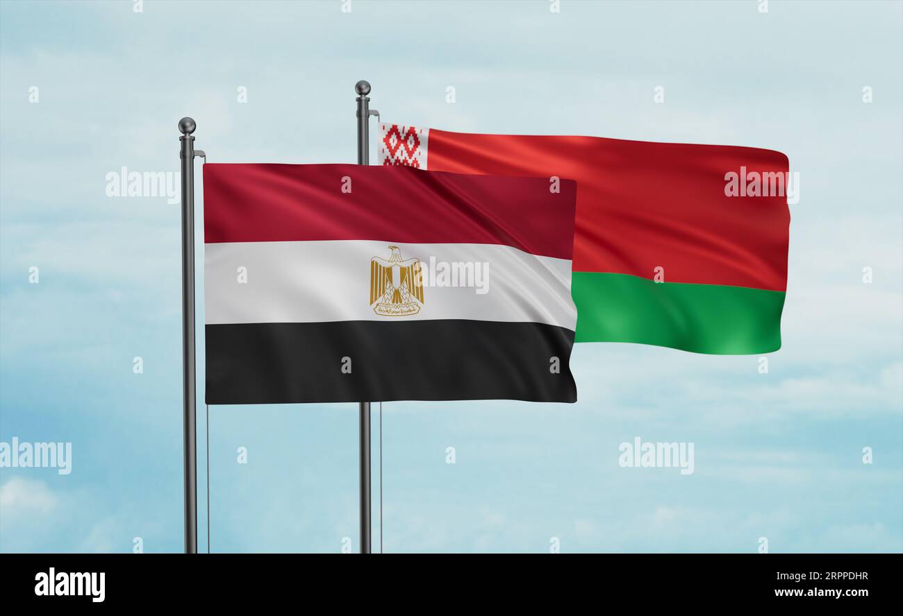 Belarus and Egypt flag waving together in the wind on blue sky, two ...