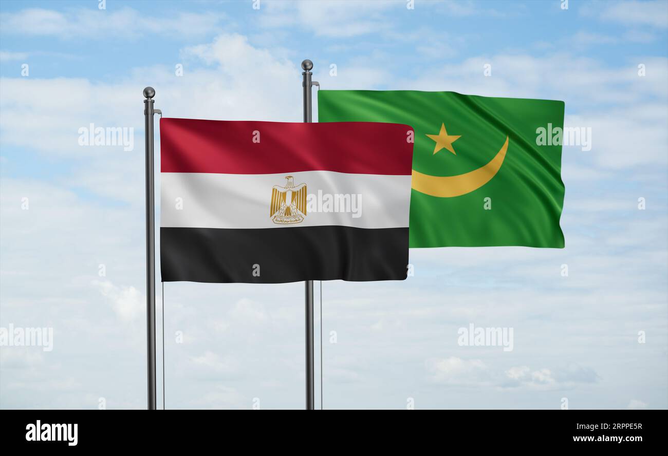 Mauritania flag and Egypt flag waving together on blue sky, two country ...