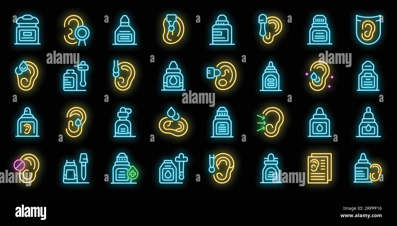 Ear drops icons set outline vector. Doctor bottle. Medicine drops neon ...