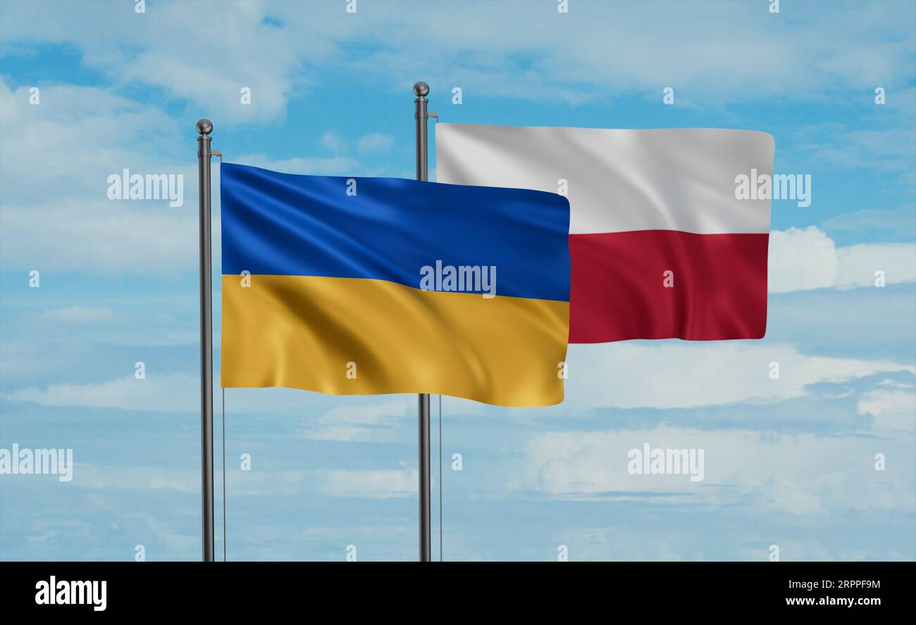Poland and Ukraine flag waving together in the wind on blue sky, two ...
