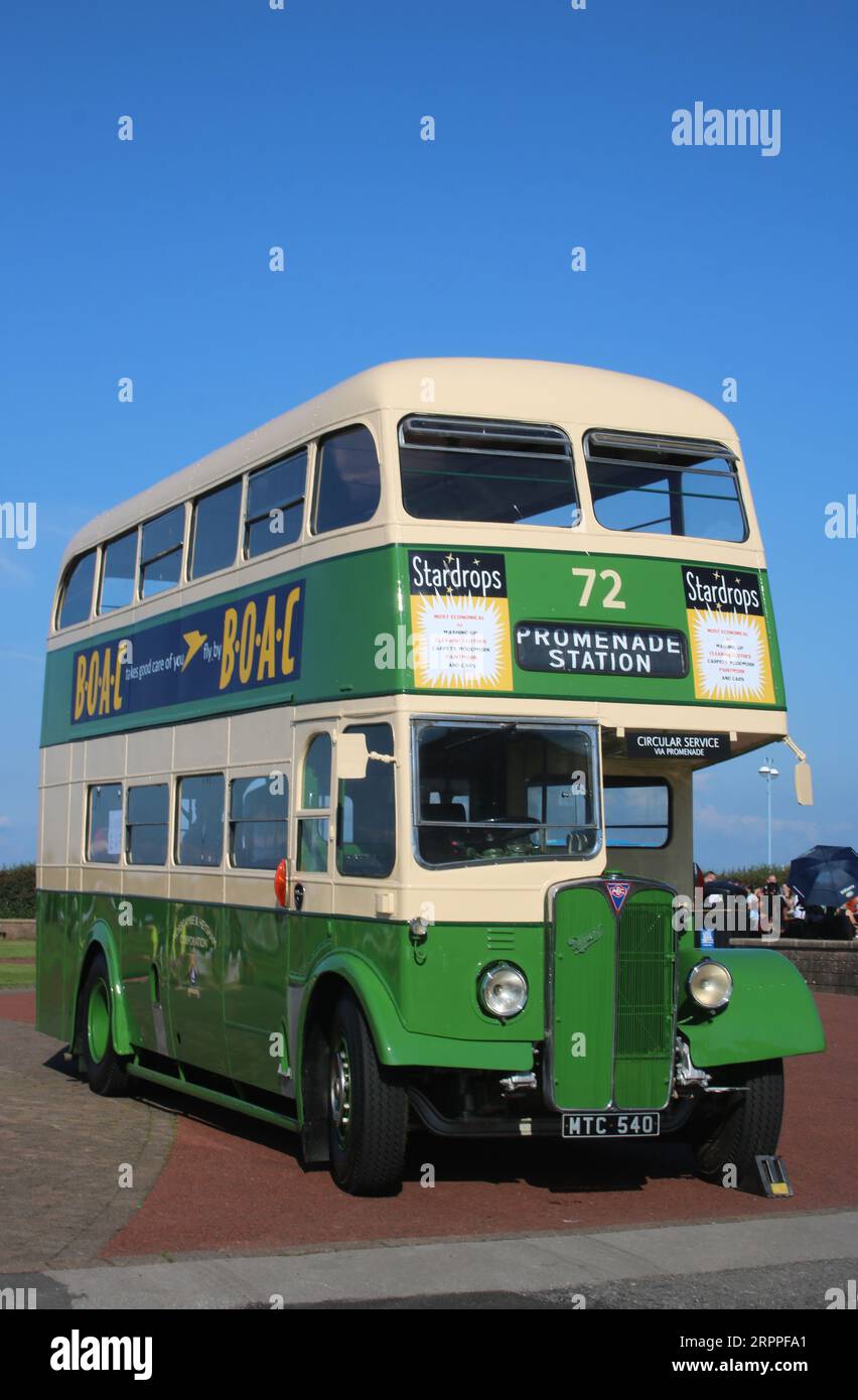 Preserved A.E.C. Regent bus, Morecambe and Heysham Corporation green and cream, registration MTC 540, Morecambe, Vintage by Sea, 2nd September 2023. Stock Photo