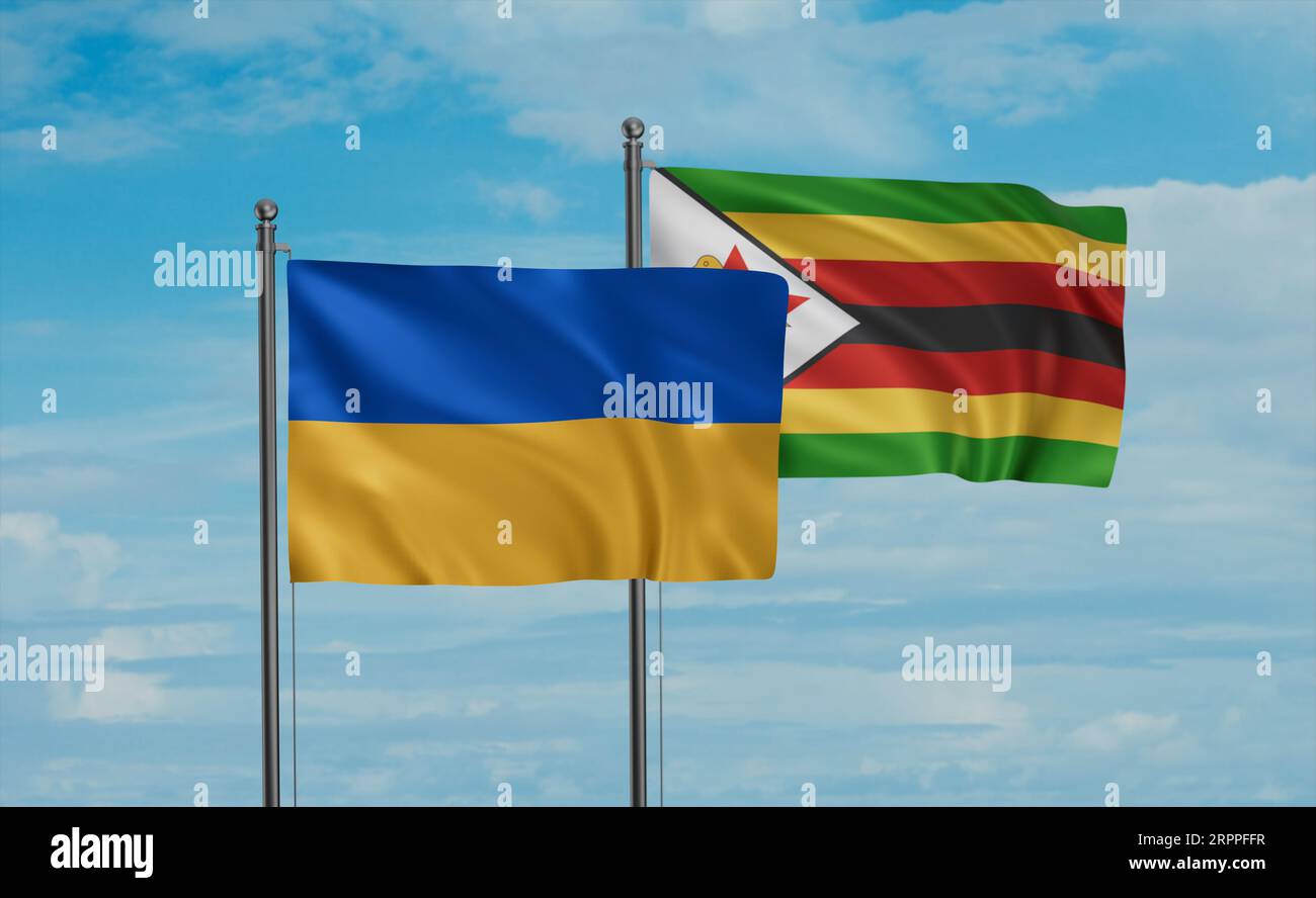 Zimbabwe and Ukraine flag waving together in the wind on blue sky, two ...