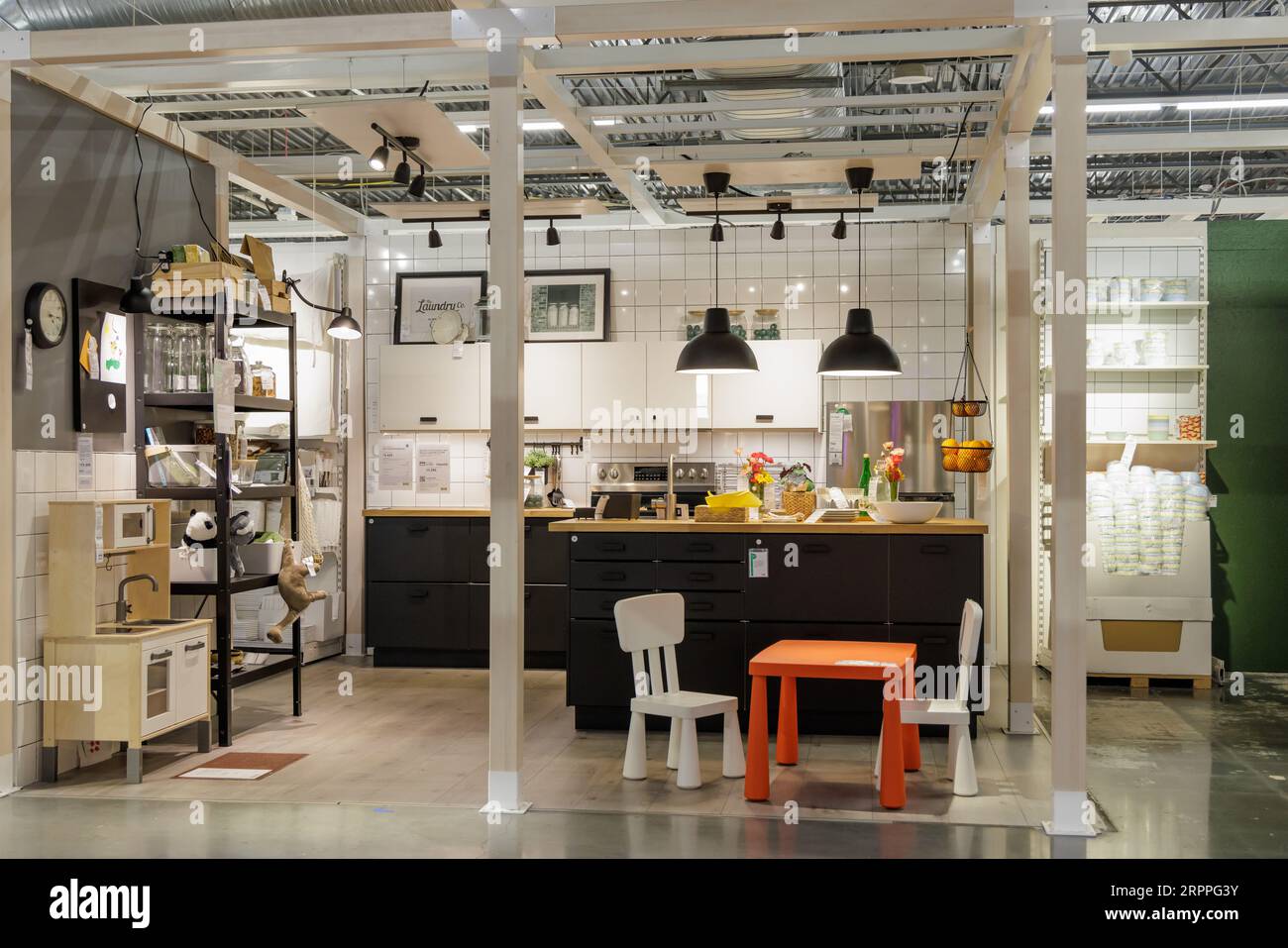 Full kitchen display in the showroom section of IKEA home store Stock Photo