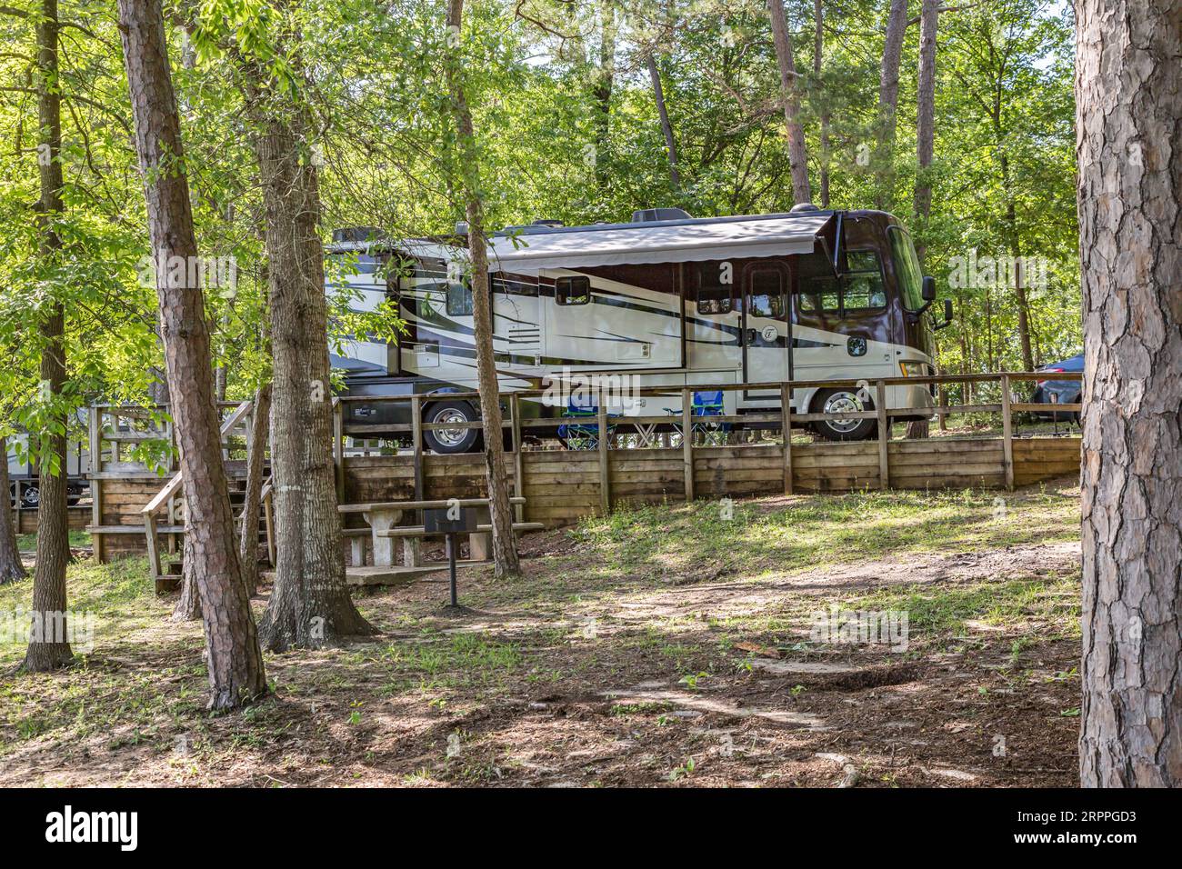 Motorhome parked in a campsite on the bank of the lake at Little Black