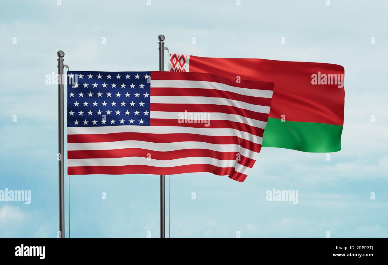 Belarus and USA flag waving together in the wind on blue sky, two ...