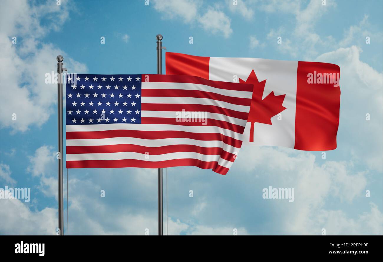 Canada and USA flag waving together in the wind on blue sky, two ...