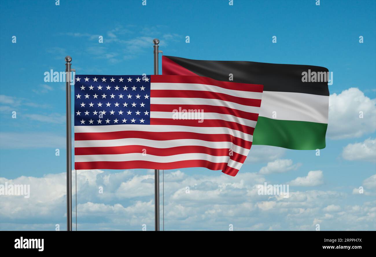 Jordan and USA flag waving together in the wind on blue sky, two ...