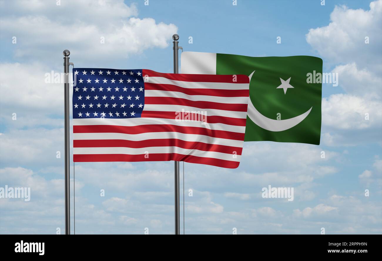 Pakistan flag and USA flag waving together on blue sky, two country cooperation concept Stock Photo