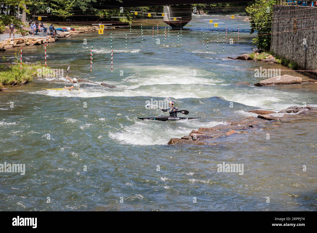 Olympian Evy Leibfarth practicing slalom runs at the Nantahala Outdoor Center near Bryson City, North Carolina Stock Photo