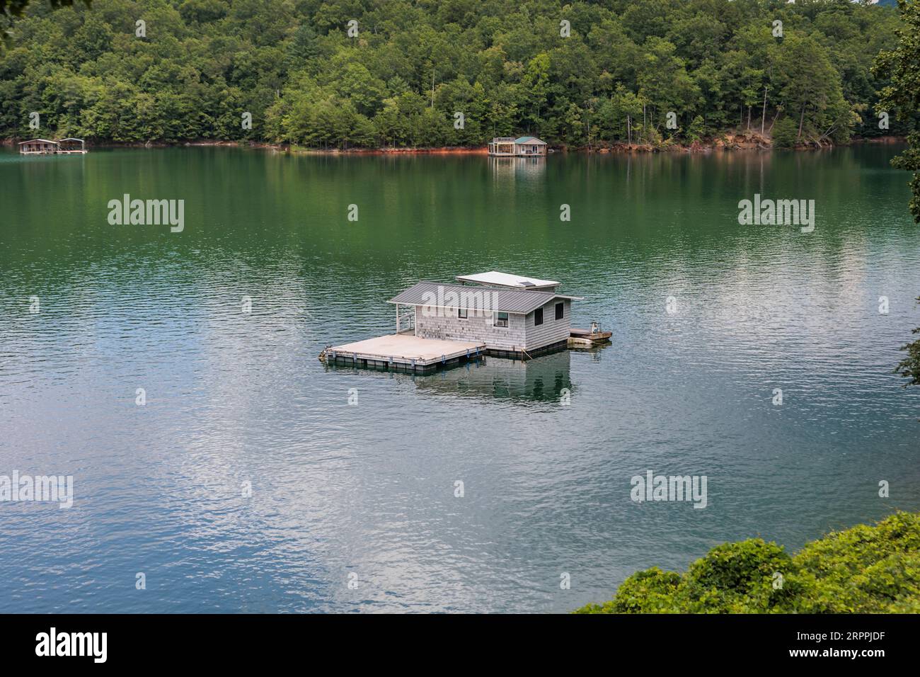 View of a house boats on Fontana Lake as seen from the Great Smoky
