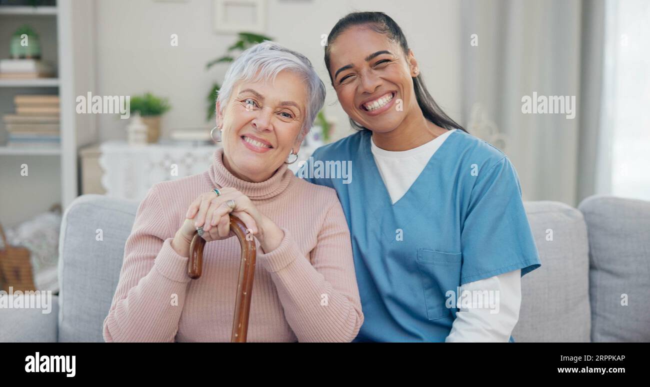 Caregiver portrait, disabled and elderly woman with walking stick for support, help or old age movement disability. Retirement healthcare, nursing Stock Photo