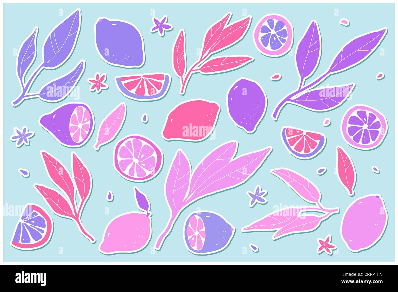 Lemon sticker set. Hand-drawn pink lemons on blue background. Slice, halves, whole fruit, leaves, flowers, seeds. Cartoon citrus tropical collection. Stock Vector