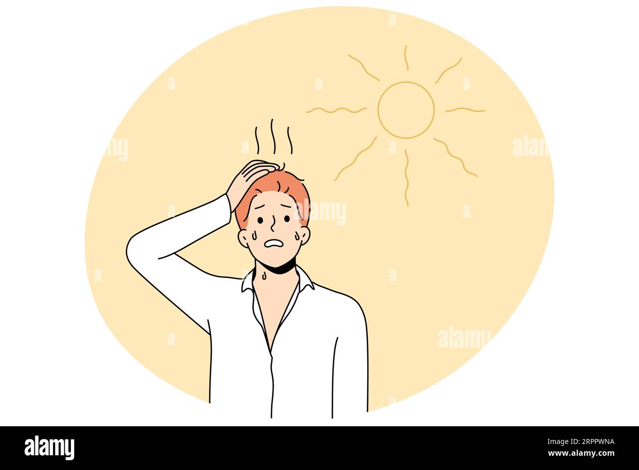 Unhealthy man standing under sun feel dehydrated and overheated in hot