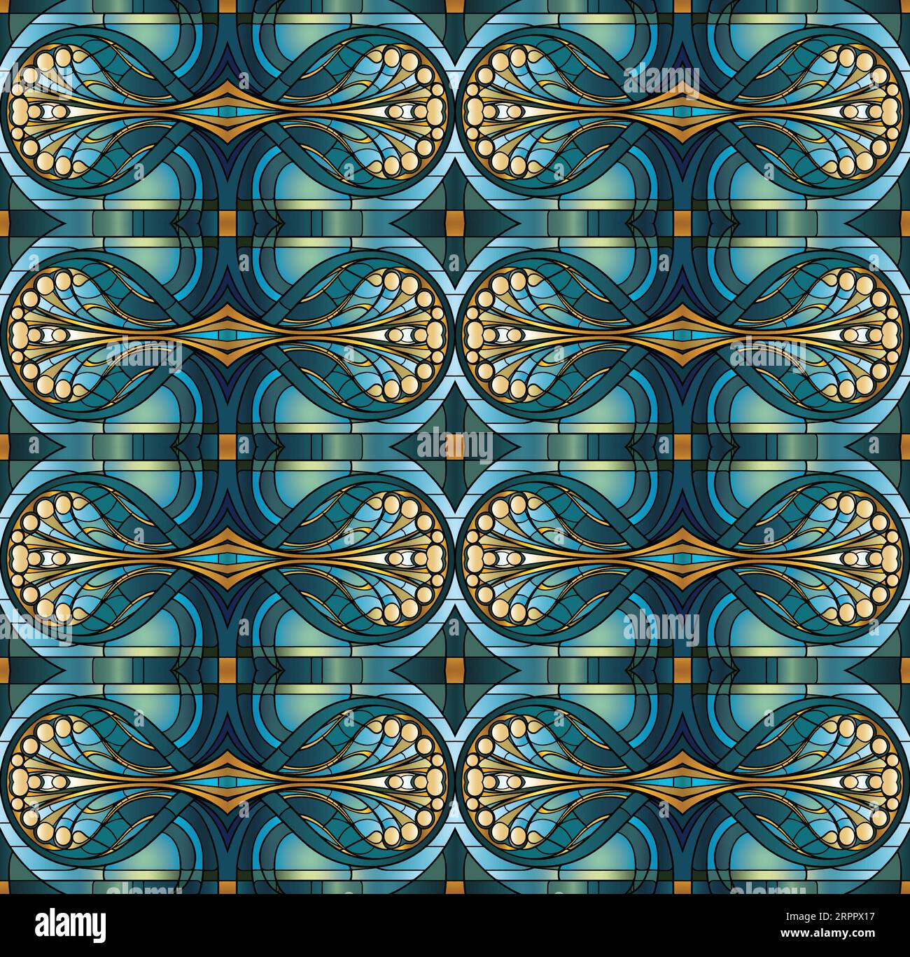 Seamless, repeating art nouveau style pattern of a peacock tail fan, background tile pattern Stock Vector