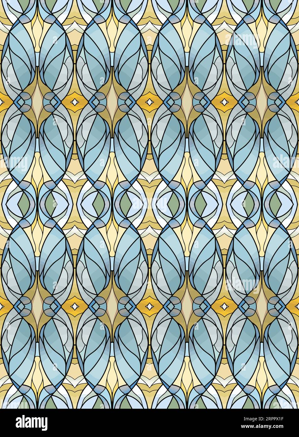 Seamless, repeating art nouveau floral oval background in tan, blue, yellow, and green. Stock Vector