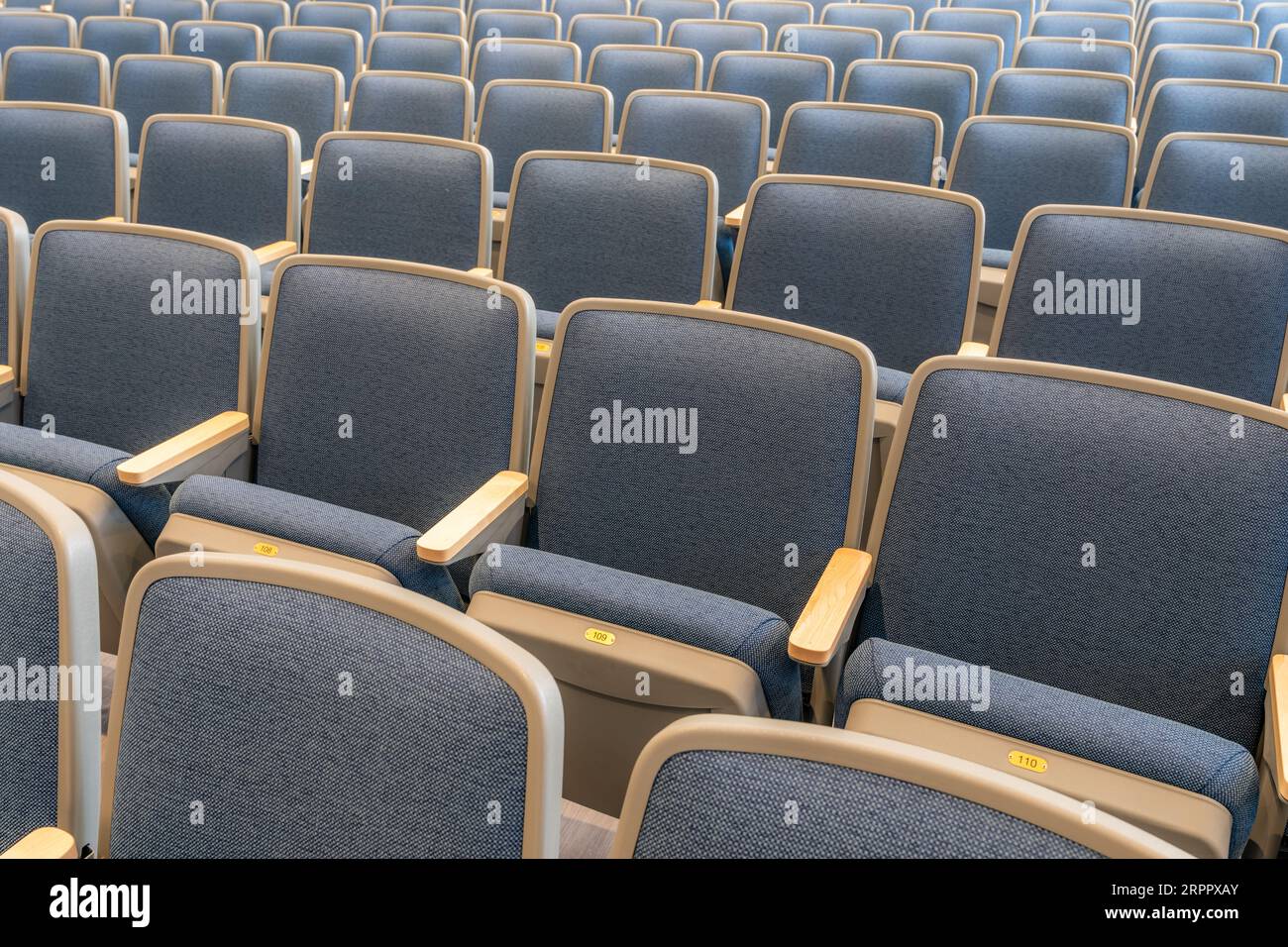 Empty gray and blue theater, auditorium seats, chairs. Stock Photo