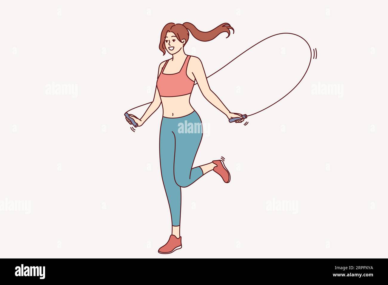 Athletic woman jumping on skipping rope for fitness, doing physical exercises, dressed in sportswear for gym. Jumping sportwoman enjoys daily workout to stay slim and have beautiful body Stock Vector