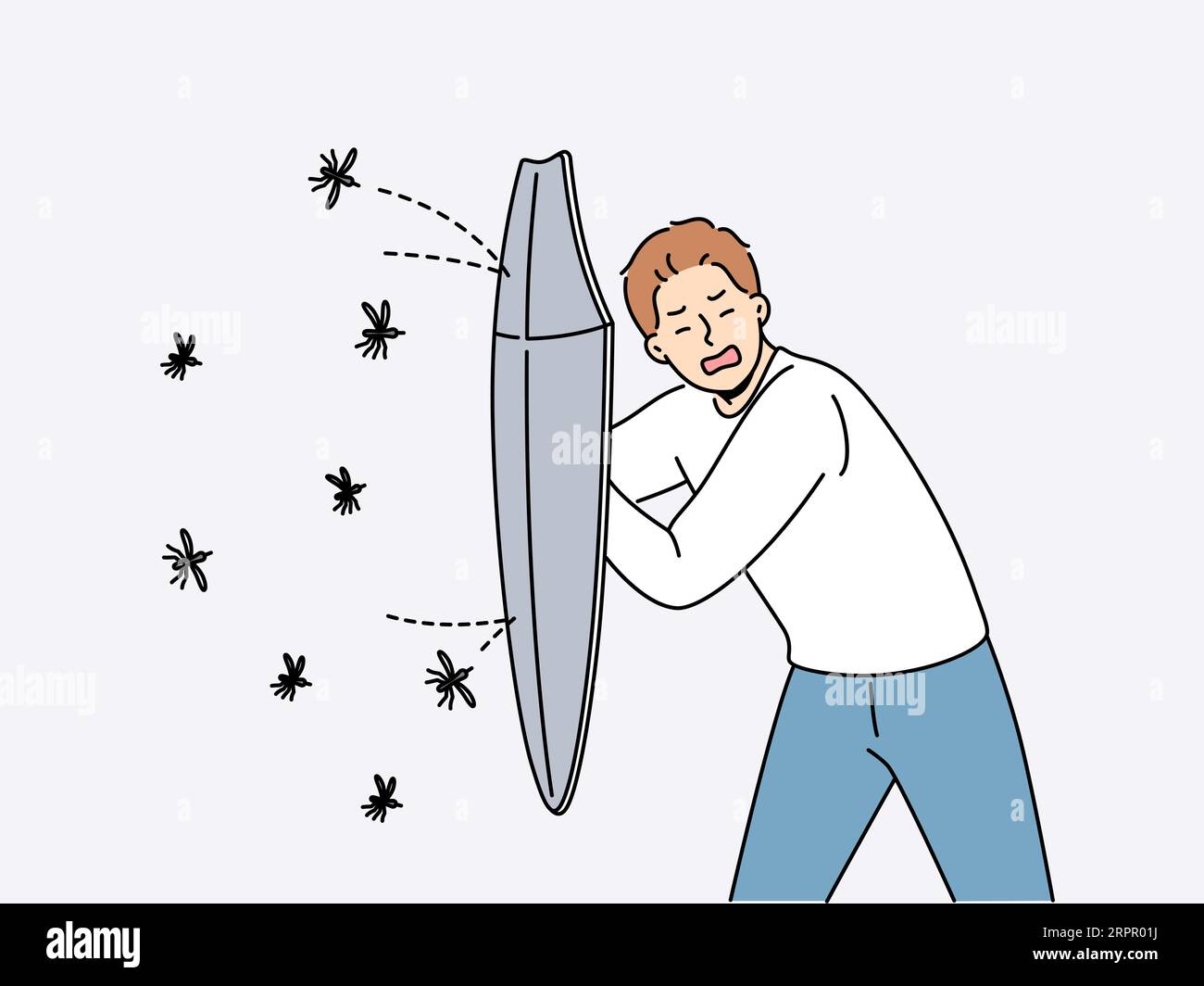 Man defends himself from mosquitoes using shield and screaming, need in  fumigator or insect spray. Guy with insectophobia, afraid contracting  maleria after being bitten by blood-sucking mosquitoes Stock Vector Image &  Art -