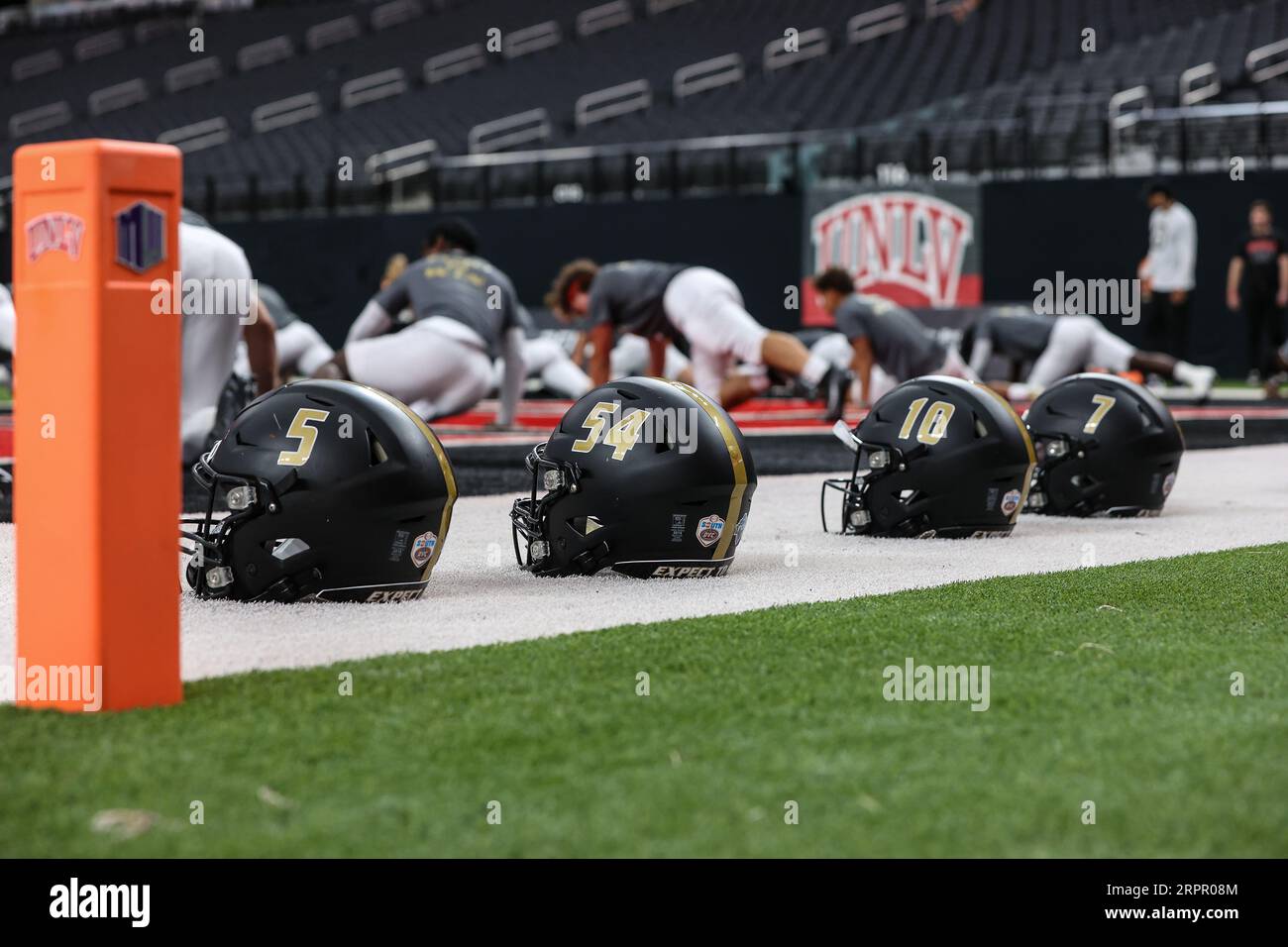 September 02, 2023 Several Bryant University Bulldogs helmets on