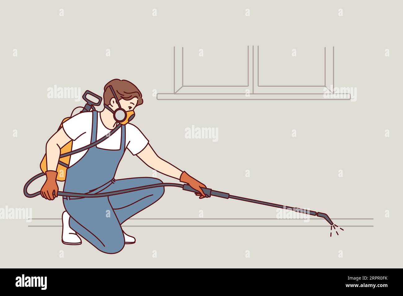 Man doing pest control using disinfection equipment and spraying liquid to kill insects. Employee of cleaning company in respirator makes disinfection of premises to get rid of rats and rodents. Stock Vector