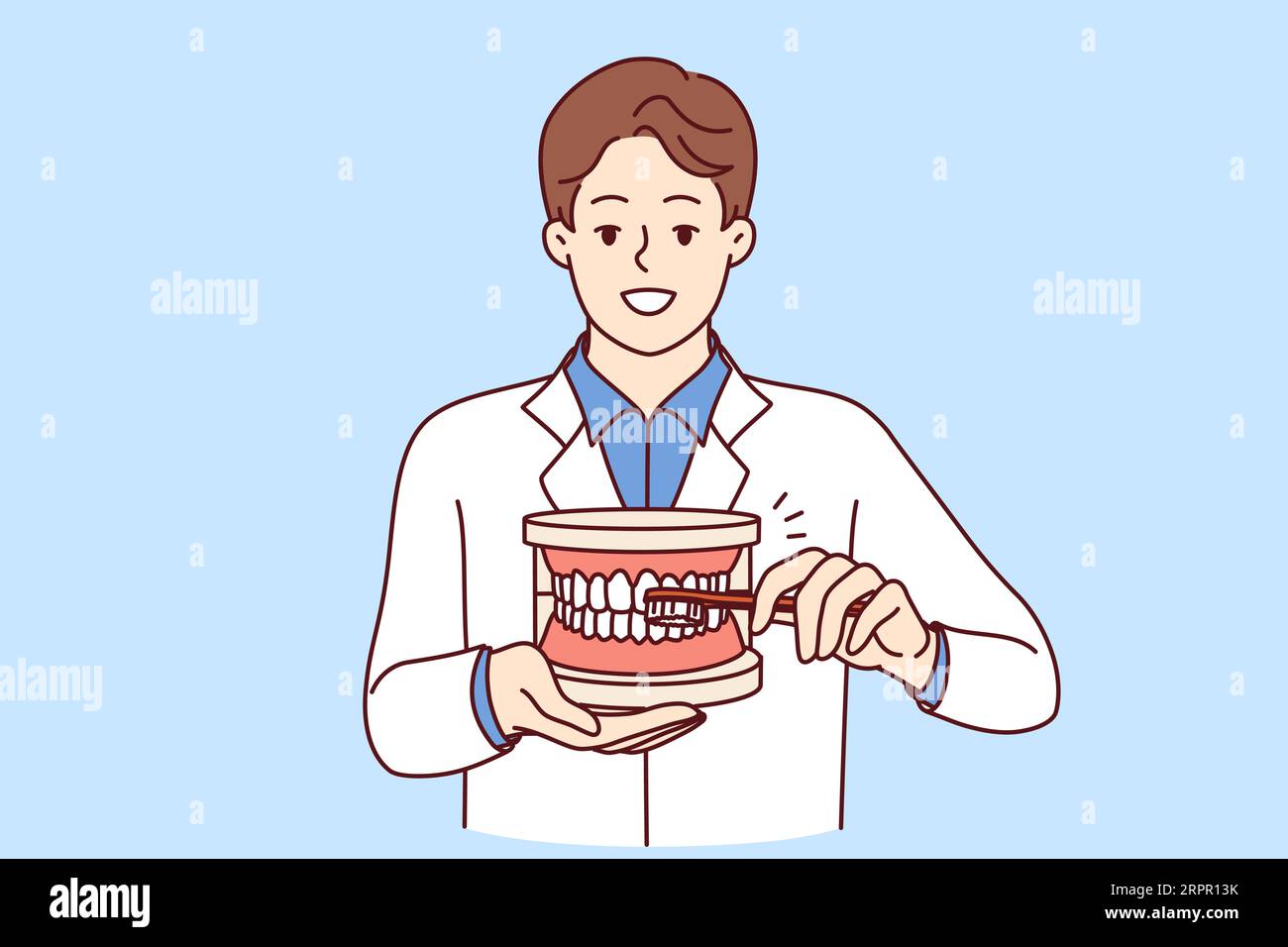 Man dentist explaining rules of brushing teeth, holding toothbrush and