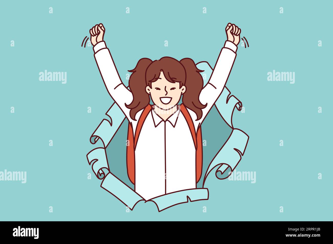 Schoolgirl with backpack joyfully raises hands up and screams loudly peeking out of hole in paper, for concept of back to school. Little girl celebrating beginning of academic year at school Stock Vector