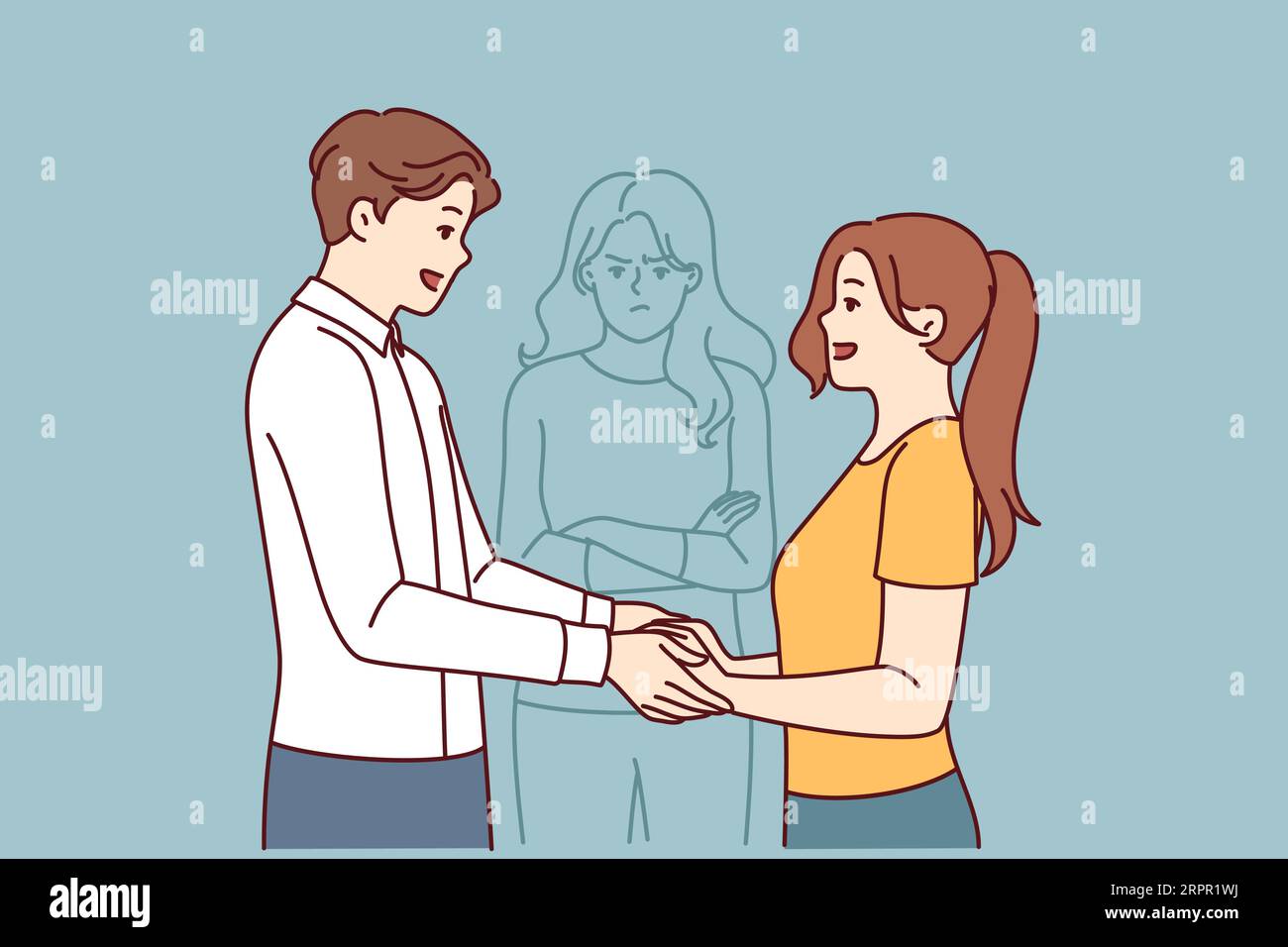 Jealous woman follows couple in love holding hands, chasing traitor ex-boyfriend. Jealous evil girlfriend feels resentful because of betrayal of man who goes on date with another girl. Stock Vector