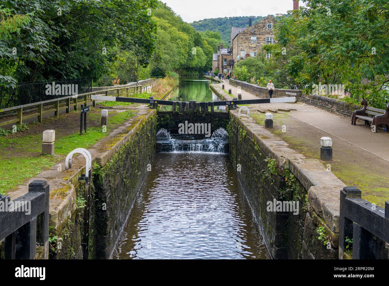 Hebden Bridge lock gates on the Rochdale Canal. River Calder combines with Rochdale Canal here. Barges and small boats use this stretch of water. Stock Photo
