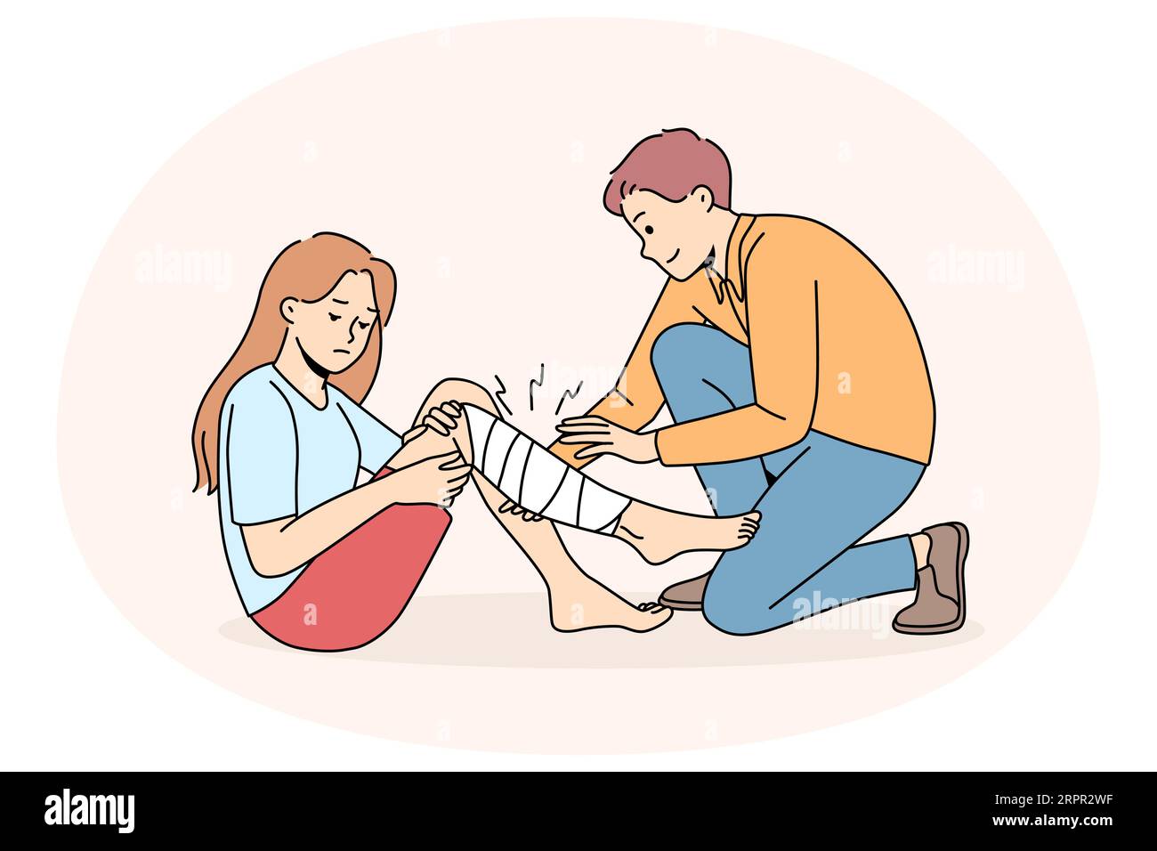 Man give first aid to hurt girl with leg injury. Male volunteer help