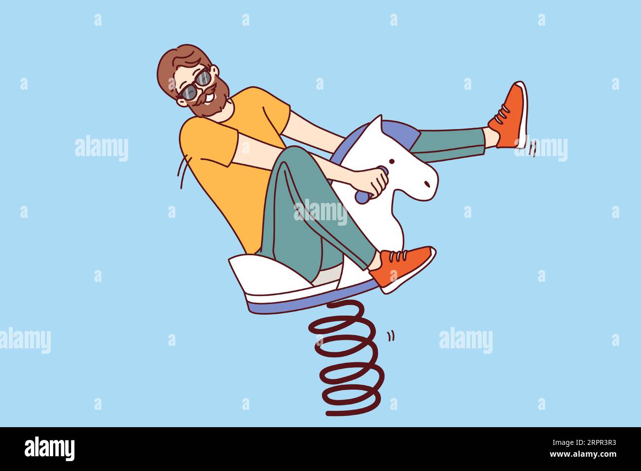 Playful man sits on wooden rocking horse and enjoys children games, behaves like child of adolescence. Bearded man in sunglasses looks at screen, is childish and does not want to grow up Stock Vector