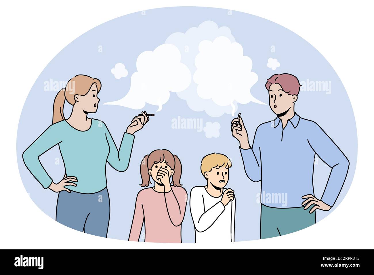 Little children suffer from smoking parents. Kids passive smokers