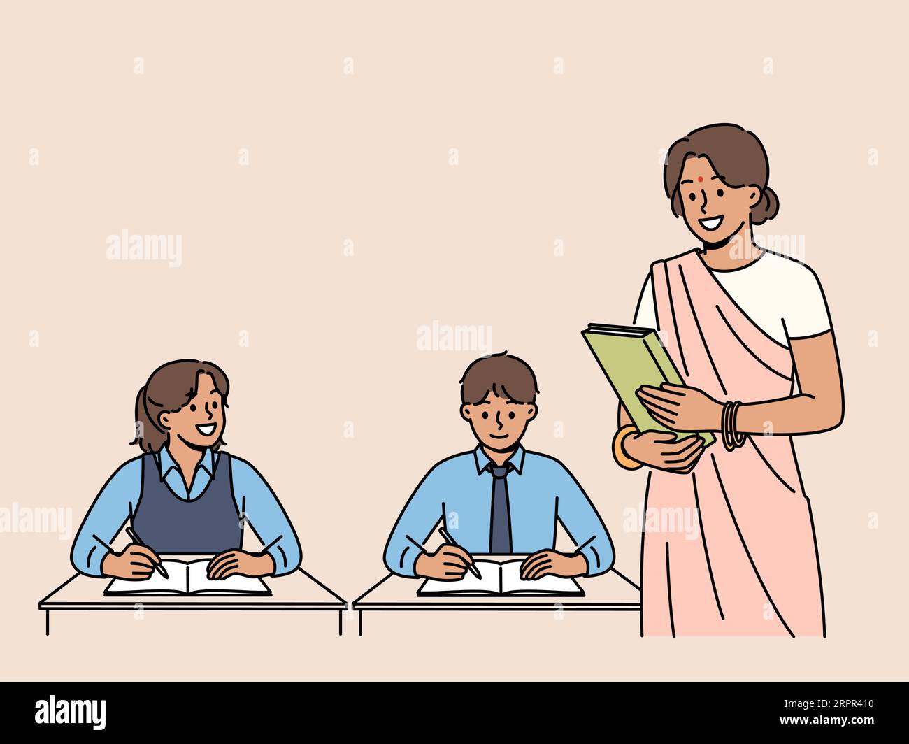 Indian woman teacher works in primary school, standing near children sitting at desks in classroom. Girl teacher from india, makes career in education and gives kids new knowledge. Stock Vector