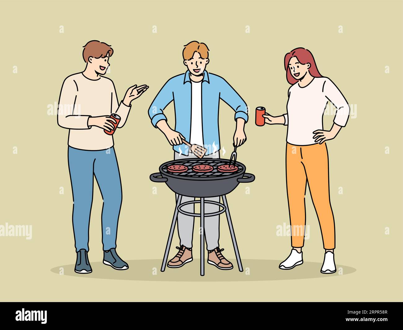 BBQ party with cheerful friends drinking beer and grilling meat on