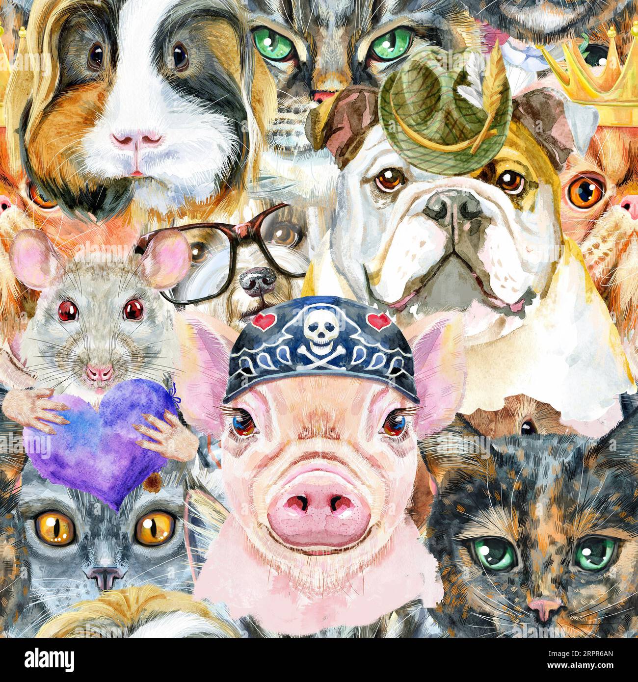 Seamless pattern of of dog, guinea pig, cat, mini pig and rat. Cats for t-shirt graphics. Watercolor pets illustration. Watercolor hand drawn illustra Stock Photo