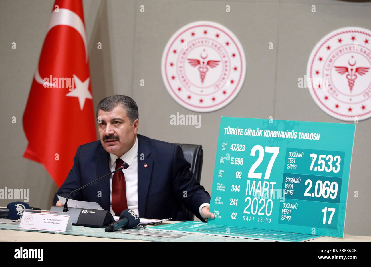200327 -- ANKARA, March 27, 2020 Xinhua -- Turkish Health Minister Fahrettin Koca speaks at a press conference in Ankara, Turkey, on March 27, 2020. Fahrettin Koca announced 2,069 new COVID-19 cases on Friday, bringing the total number of infections to 5,698 in the country. Photo by Mustafa Kaya/Xinhua TURKEY-ANKARA-COVID-19-CASES PUBLICATIONxNOTxINxCHN Stock Photo