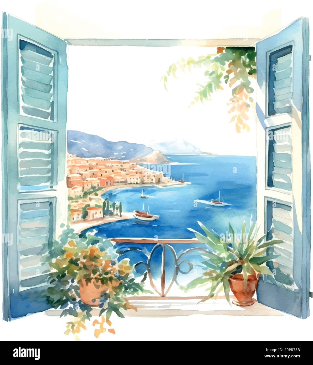 Vintage illustration with blue window sea greece watercolor Stock Vector